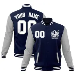 Navy Gray White Raglan Full-Snap Letterman Cotton Jacket