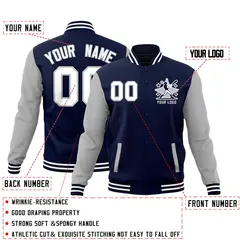Navy Gray White Raglan Full-Snap Letterman Cotton Jacket 2