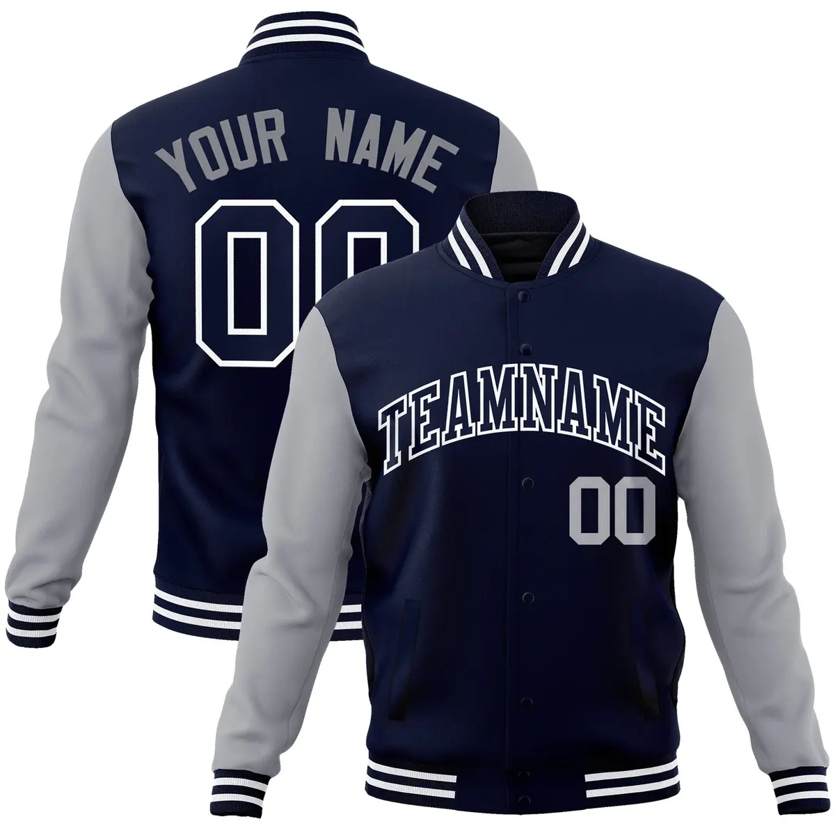 Navy Gray-White Raglan Full-Snap Varsity Letterman Jacket