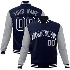 Navy Gray-White Raglan Full-Snap Varsity Letterman Jacket