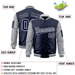 Navy Gray-White Raglan Sleeves Letterman Bomber Jacket 2