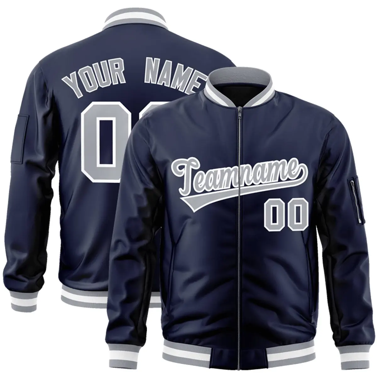 Navy Gray-White Varsity Full-Zip Letterman Bomber Jacket