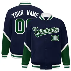 Navy Green Color Block Varsity Letterman Baseball Jacket 1