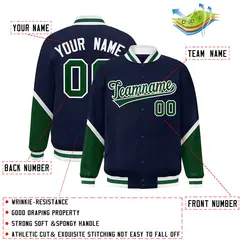 Navy Green Color Block Varsity Letterman Baseball Jacket 2