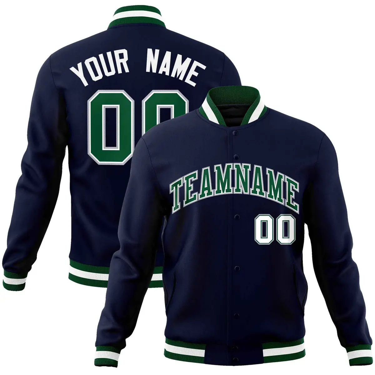 Navy Green-Gray Classic Varsity Full-Snap Letterman Jacket