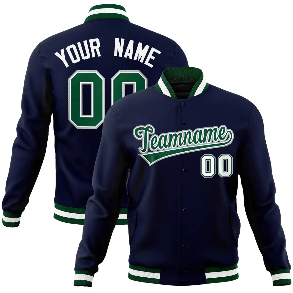 Navy Green-Gray Classic Varsity Full-Snap Letterman Jacket