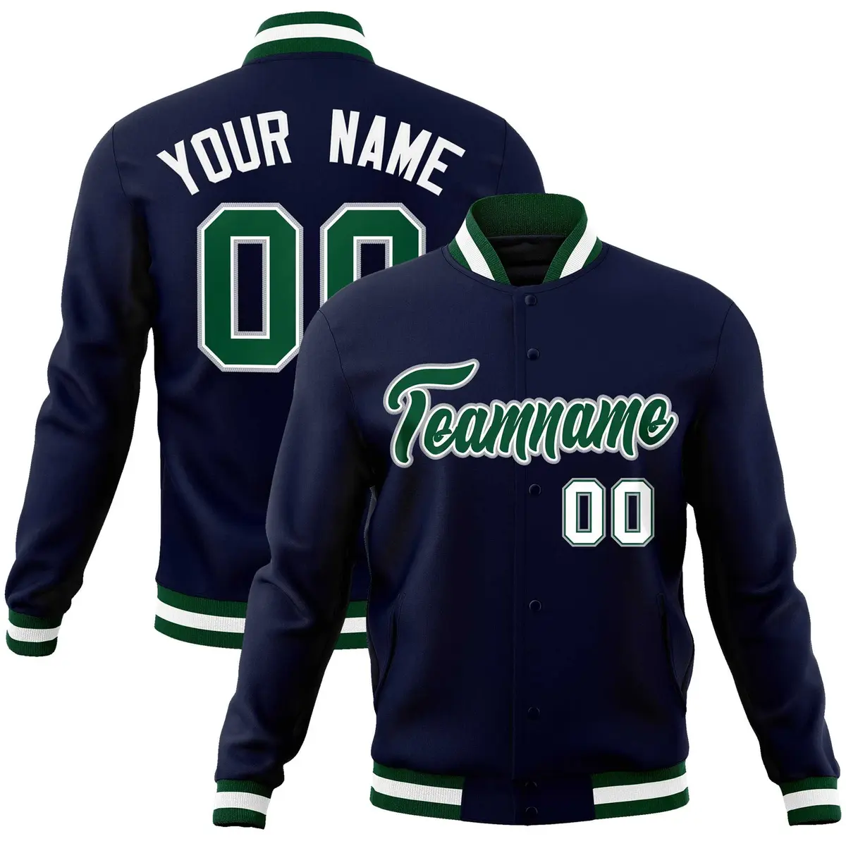 Navy Green-Gray Classic Varsity Full-Snap Letterman Jacket