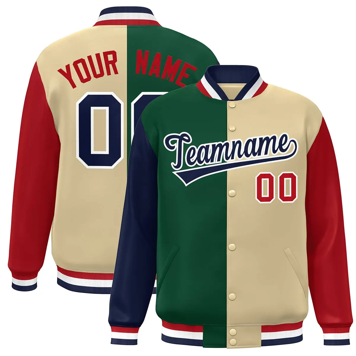 Navy Green Khaki-Red Color Block Varsity Bomber Jacket