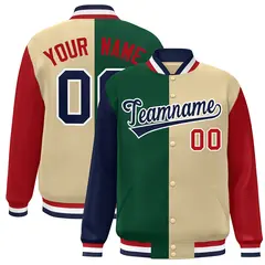 Navy Green Khaki-Red Color Block Varsity Bomber Jacket