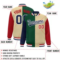 Navy Green Khaki-Red Color Block Varsity Bomber Jacket 2