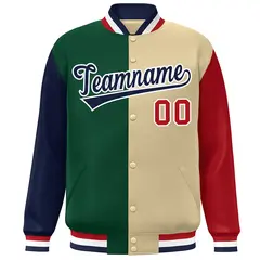Navy Green Khaki-Red Color Block Varsity Bomber Jacket 3