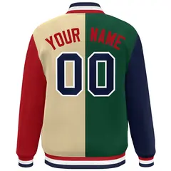 Navy Green Khaki-Red Color Block Varsity Bomber Jacket 4