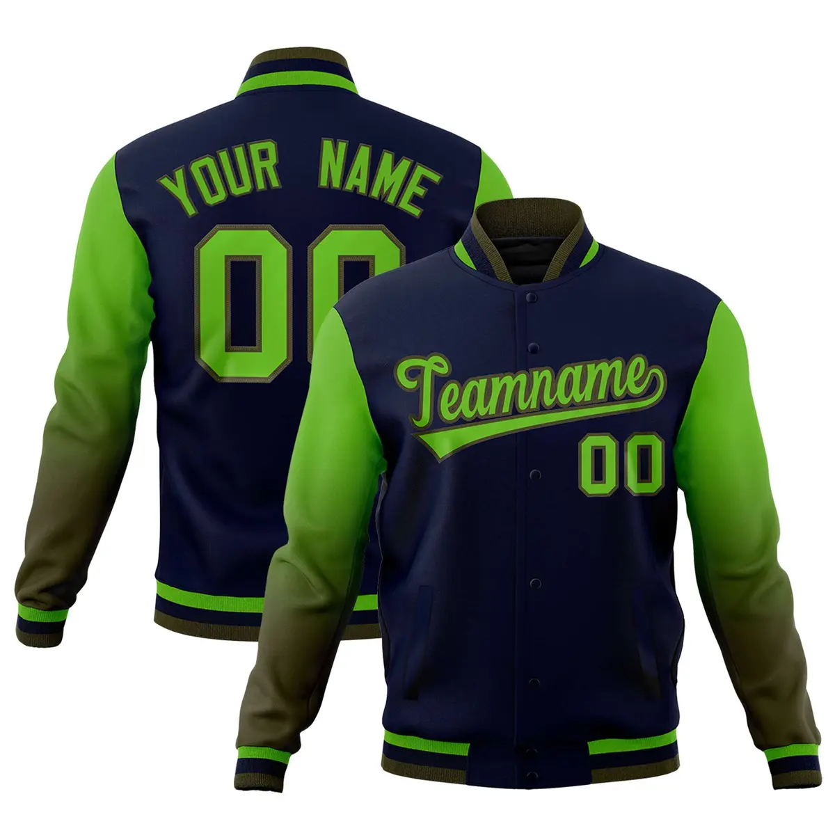 Navy Green Olive Gradient Varsity Raglan Letterman Jacket