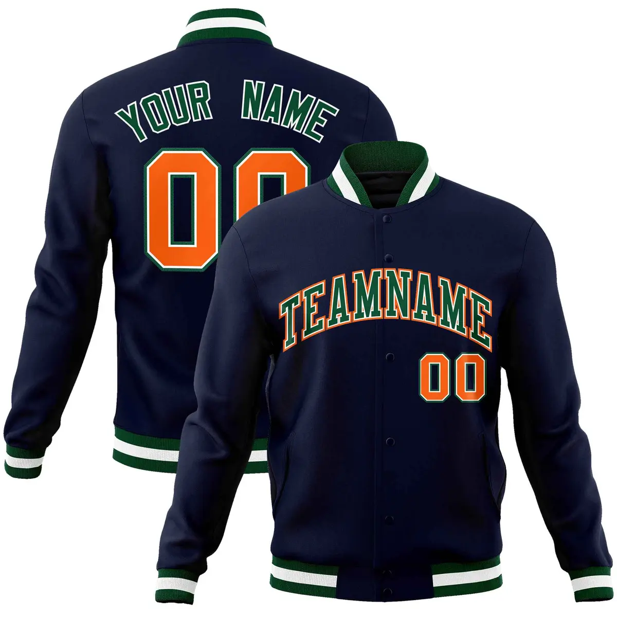 Navy Green-Orange Classic Varsity Full-Snap Letterman Jacket