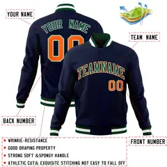 Navy Green-Orange Classic Varsity Full-Snap Letterman Jacket 4
