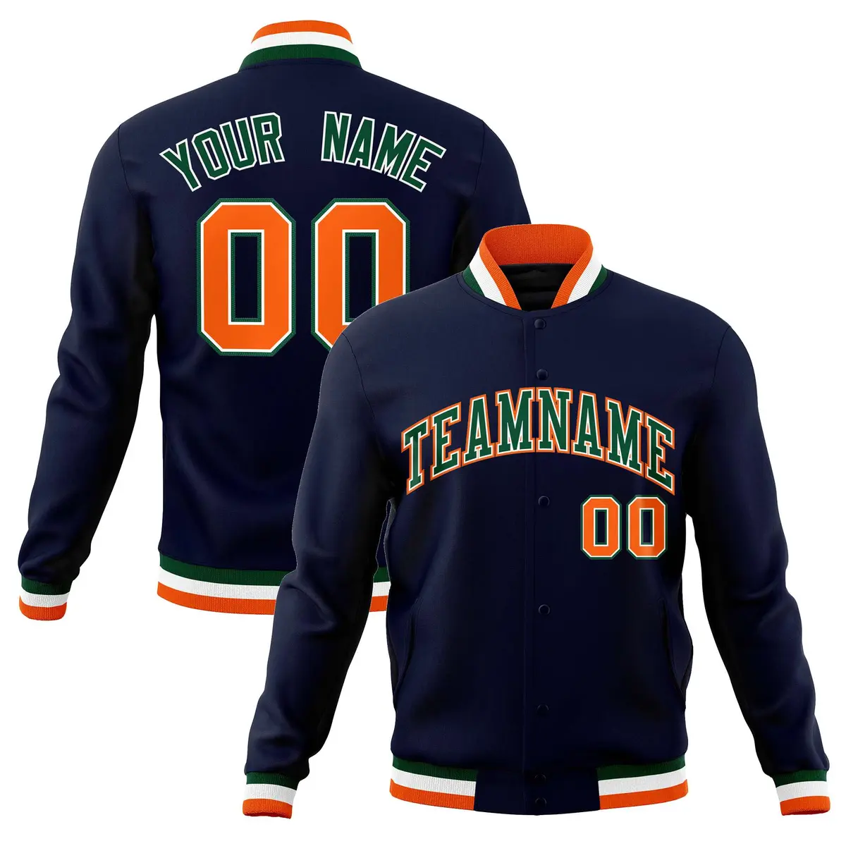 Navy Green-Orange Classic Varsity Full-Snap Letterman Jacket
