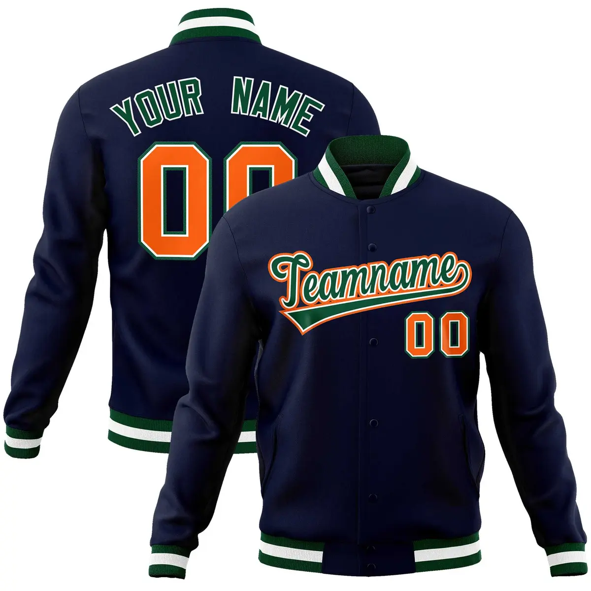 Navy Green-Orange Classic Varsity Full-Snap Letterman Jacket