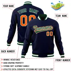 Navy Green-Orange Classic Varsity Full-Snap Letterman Jacket 4