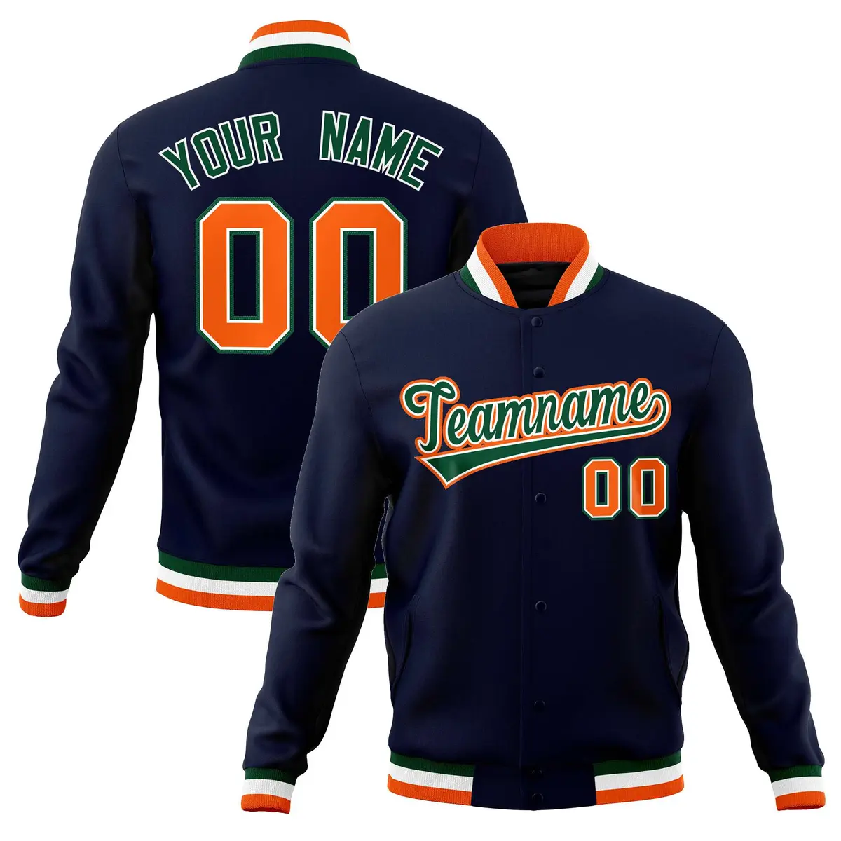 Navy Green-Orange Classic Varsity Full-Snap Letterman Jacket