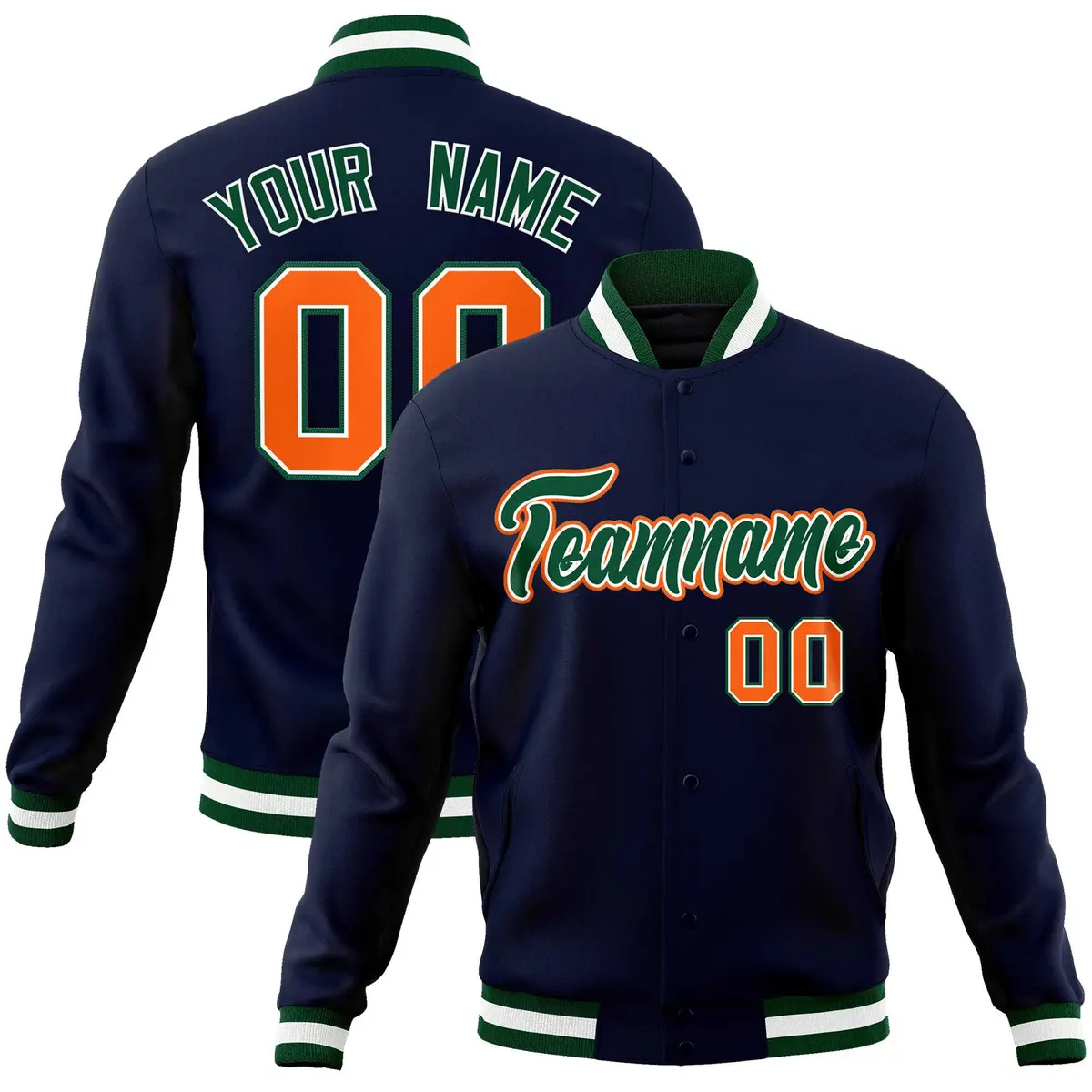 Navy Green-Orange Classic Varsity Full-Snap Letterman Jacket