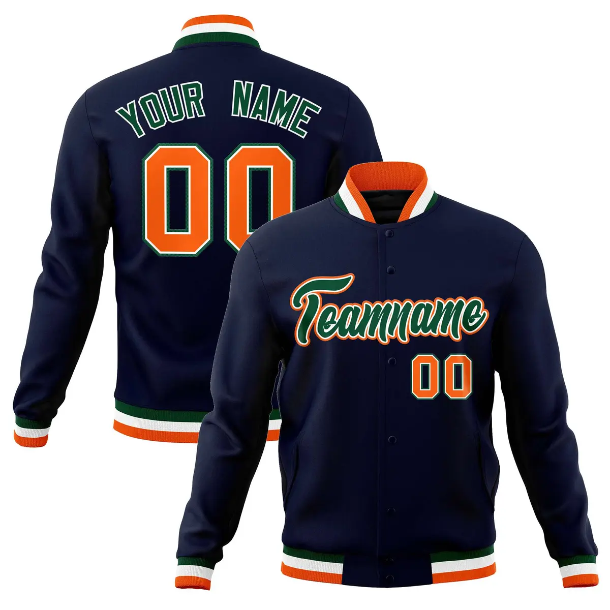 Navy Green-Orange Classic Varsity Full-Snap Letterman Jacket