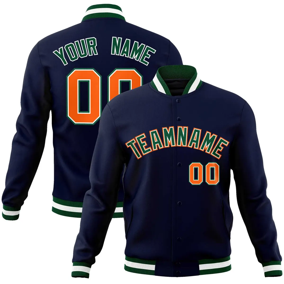 Navy Green-Orange Classic Varsity Full-Snap Letterman Jacket