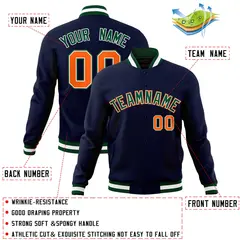 Navy Green-Orange Classic Varsity Full-Snap Letterman Jacket 4