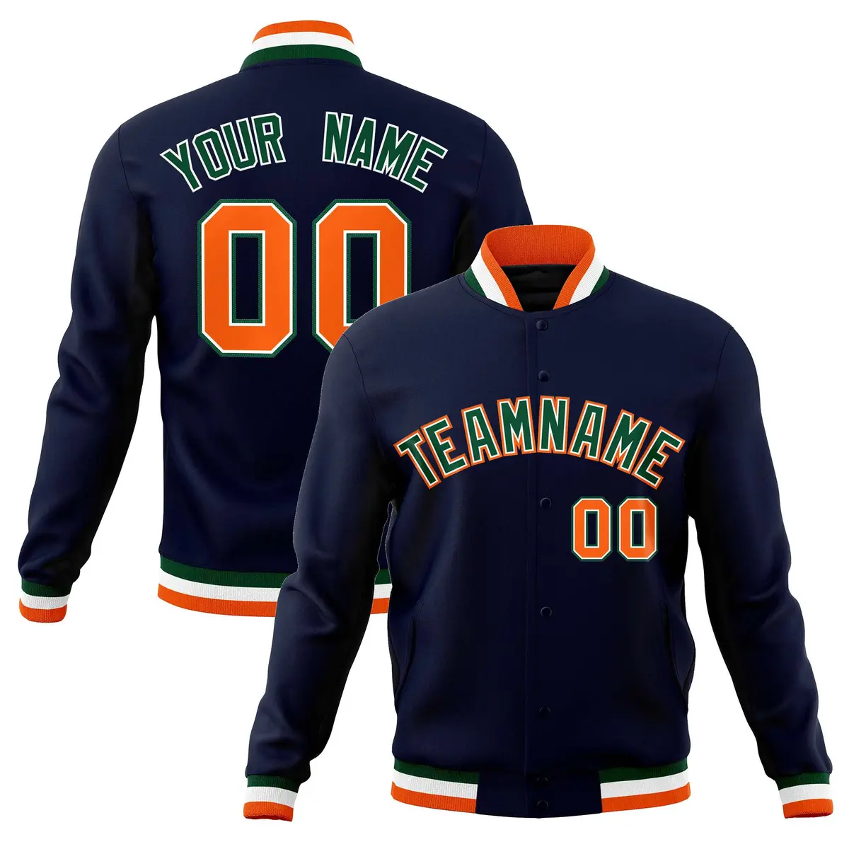 Navy Green-Orange Classic Varsity Full-Snap Letterman Jacket