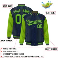 Navy Green Pinstripe Raglan Full-Snap Letterman Baseball Jacket 2
