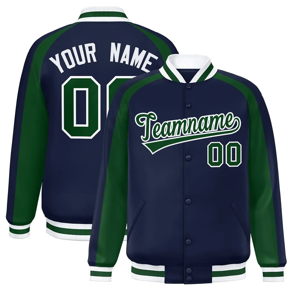 Navy Green Varsity Full-Snap Color Block Raglan Letterman Jacket