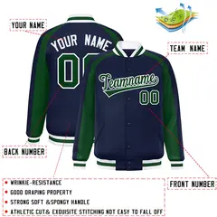 Navy Green Varsity Full-Snap Color Block Raglan Letterman Jacket 2