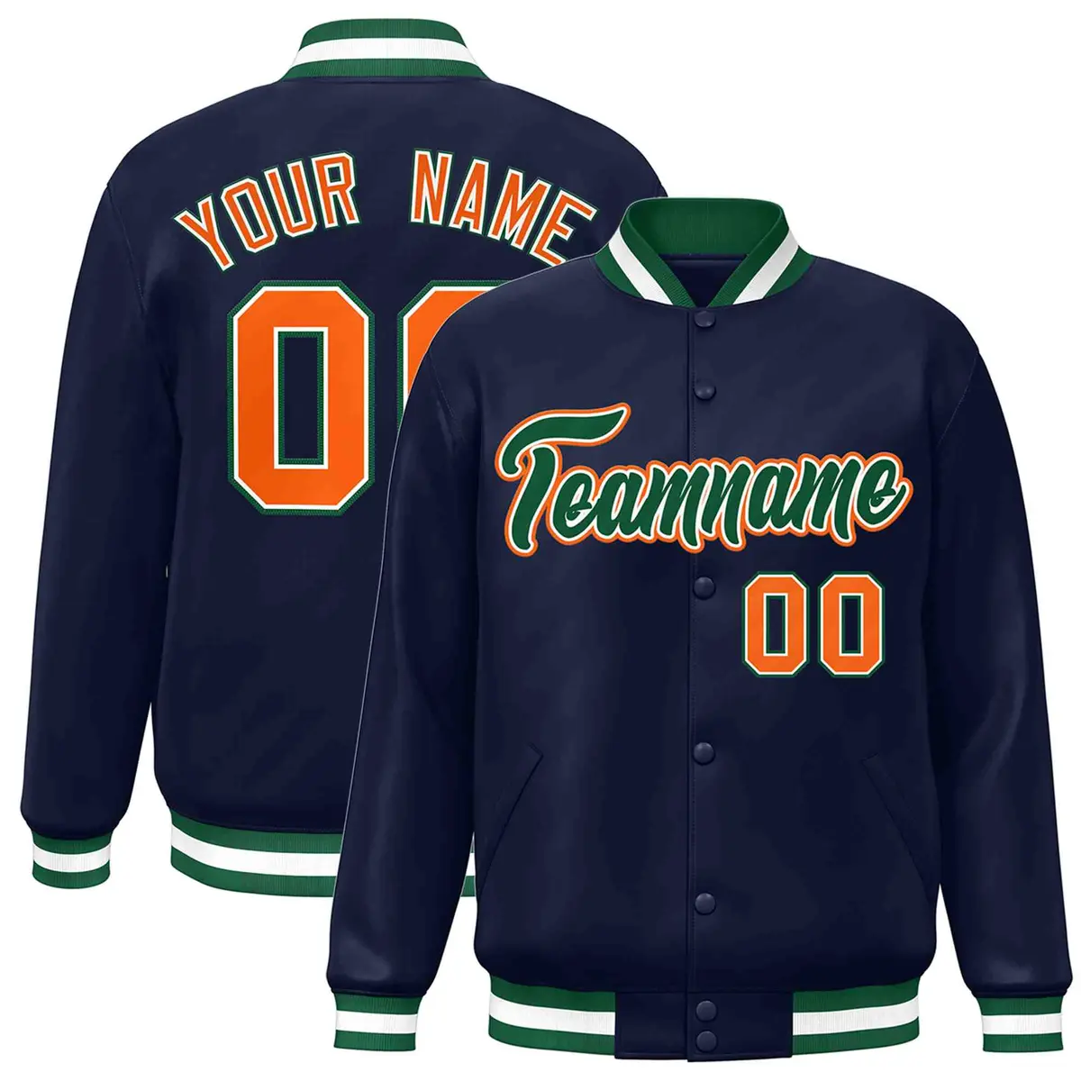 Navy Green-White Classic Varsity Full-Snap Letterman Jacket