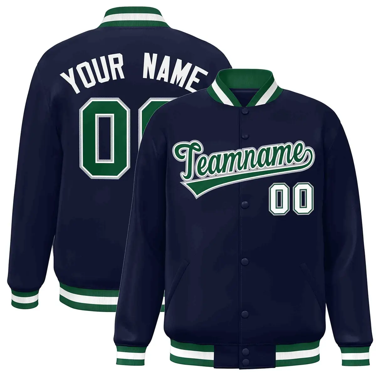 Navy Green-White Classic Varsity Full-Snap Letterman Jacket