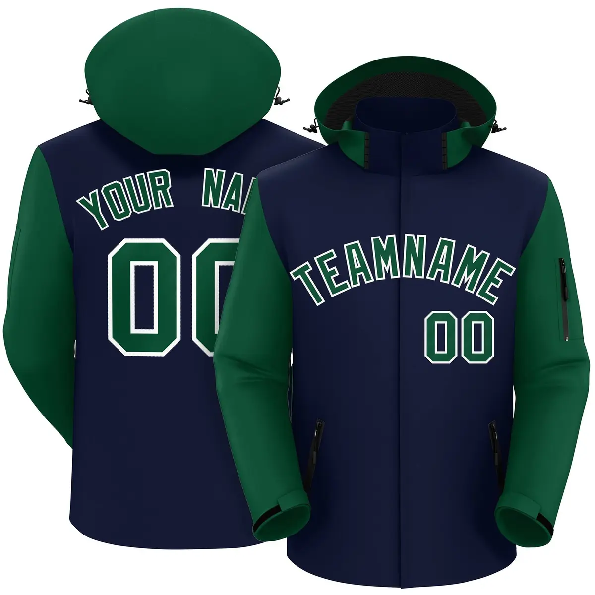 Navy Green-White Raglan Sleeves Waterproof Jacket
