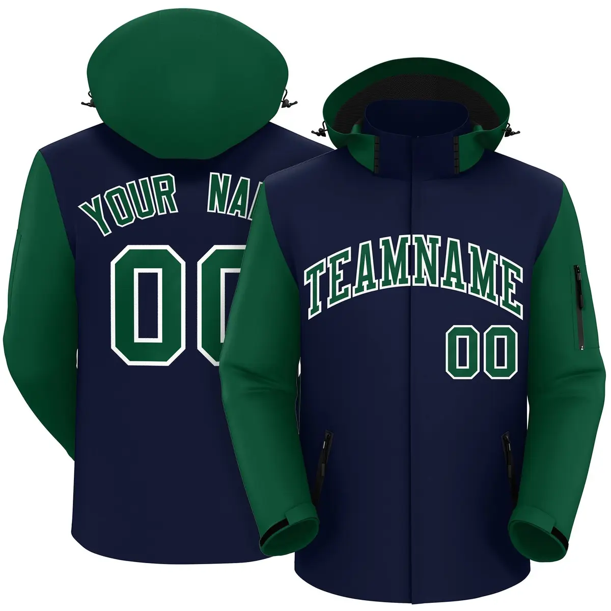 Navy Green-White Raglan Sleeves Waterproof Jacket