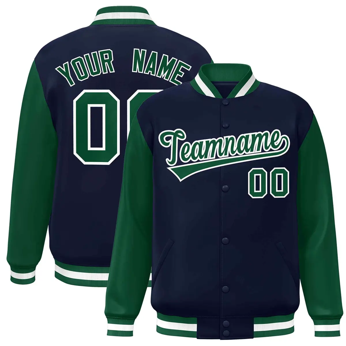 Navy Green-White Raglan Varsity Full-Snap Letterman Jacket