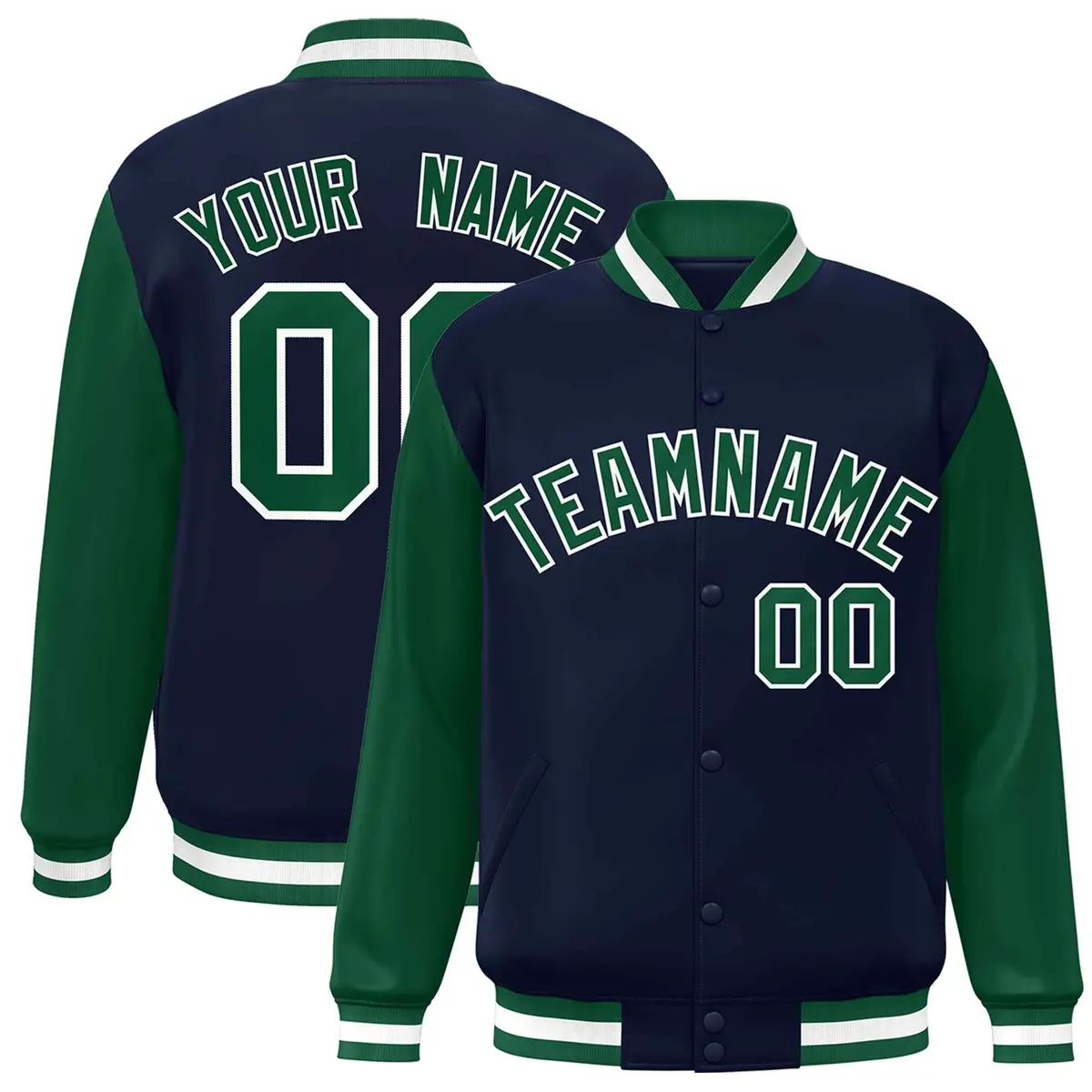 Navy Green-White Raglan Varsity Full-Snap Letterman Jacket