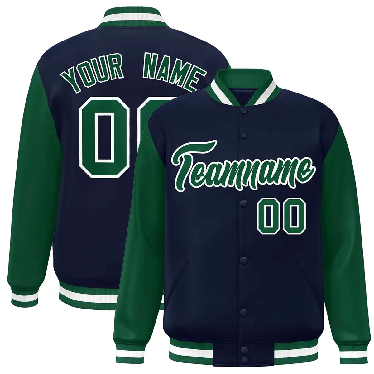 Navy Green-White Raglan Varsity Full-Snap Letterman Jacket