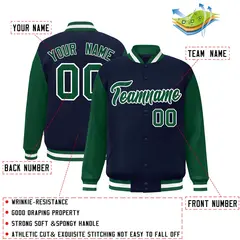 Navy Green-White Raglan Varsity Full-Snap Letterman Jacket 2