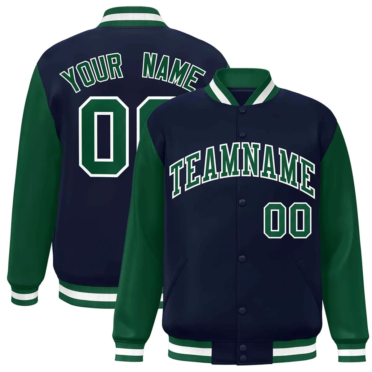 Navy Green-White Raglan Varsity Full-Snap Letterman Jacket