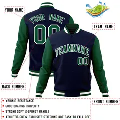 Navy Green-White Raglan Varsity Full-Snap Letterman Jacket 4
