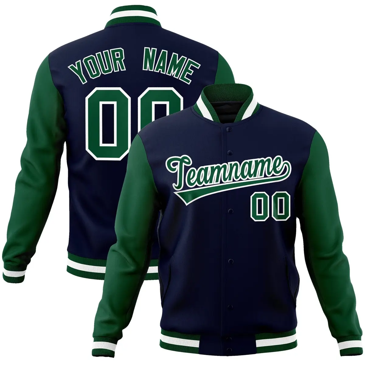 Navy Green-White Raglan Varsity Full-Snap Letterman Jacket