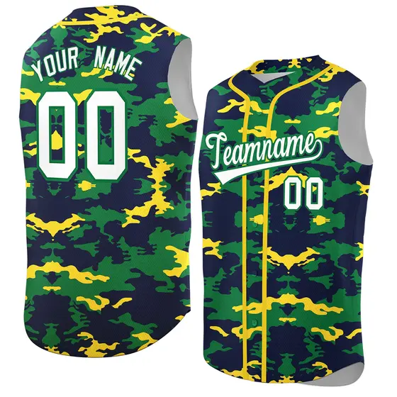 Navy Kelly Green and Gold Camo Sleeveless Baseball Jersey