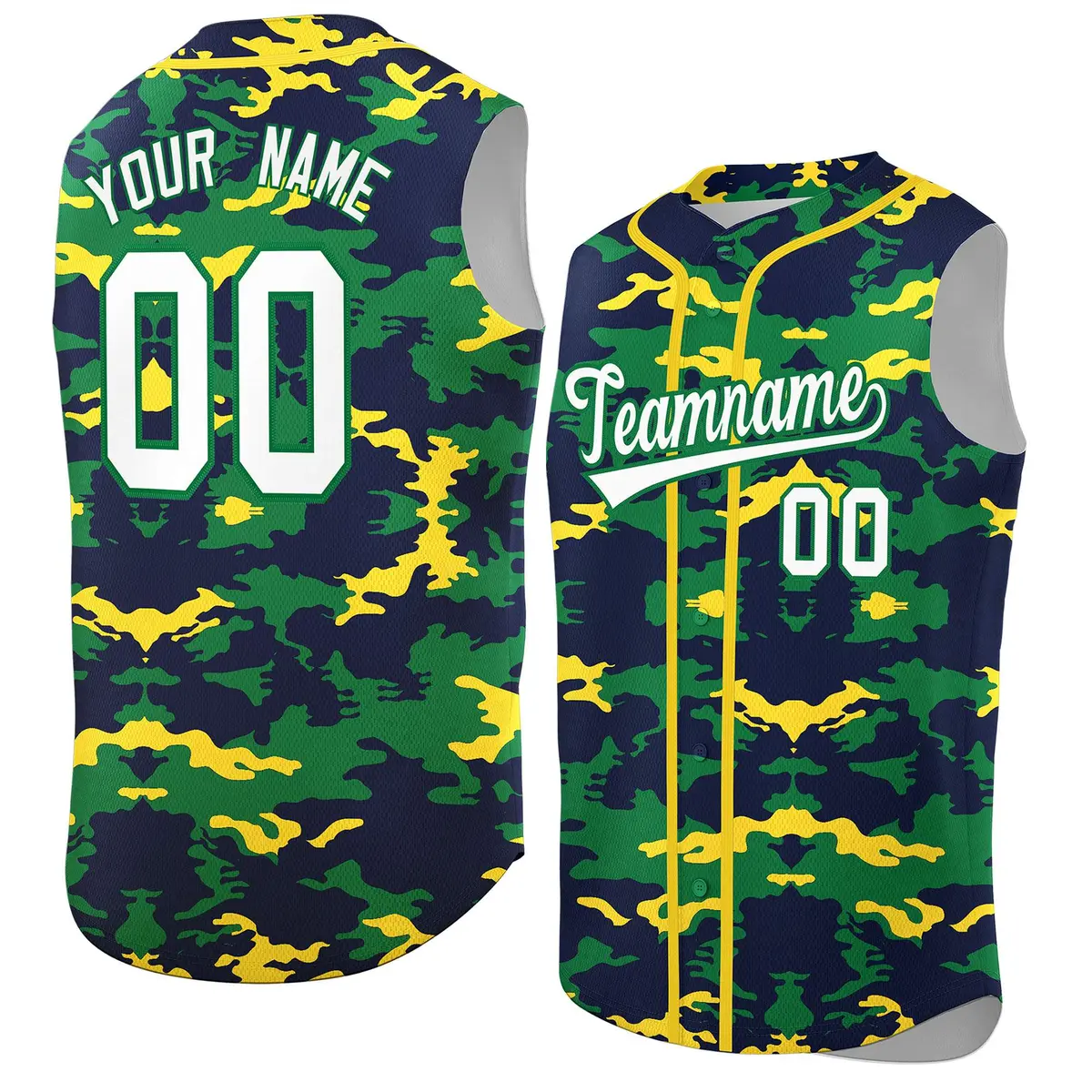 Navy Kelly Green and Gold Camo Sleeveless Baseball Jersey