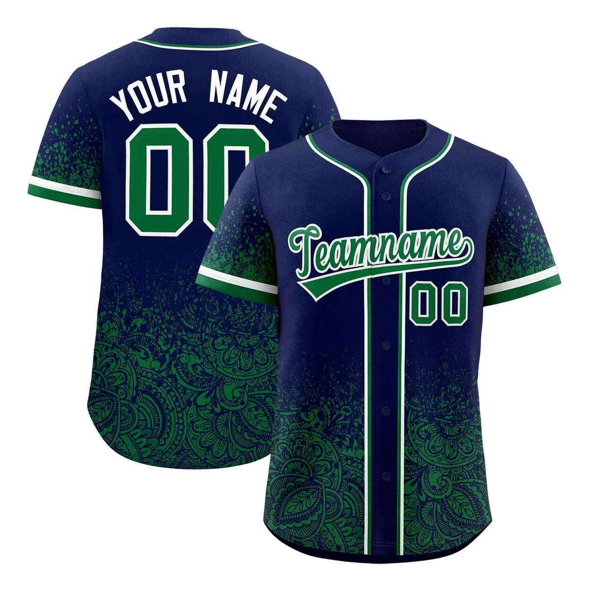 Navy Kelly Green Floral Gradient Full Button Baseball Jersey