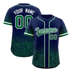 Navy Kelly Green Floral Gradient Full Button Baseball Jersey 1
