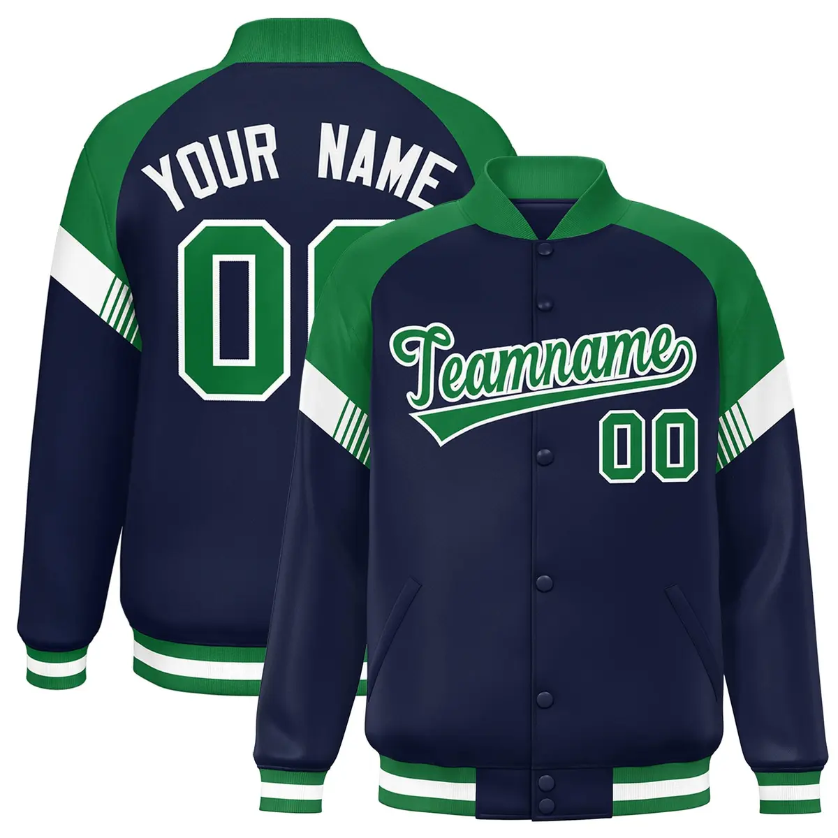 Navy Kelly Green-White Color Block Varsity Full-Snap Letterman Jacket