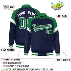 Navy Kelly Green-White Color Block Varsity Full-Snap Letterman Jacket 2