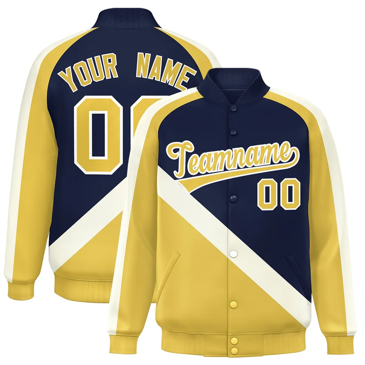 Navy Khaki Raglan Varsity Full-Snap Letterman Baseball Jacket