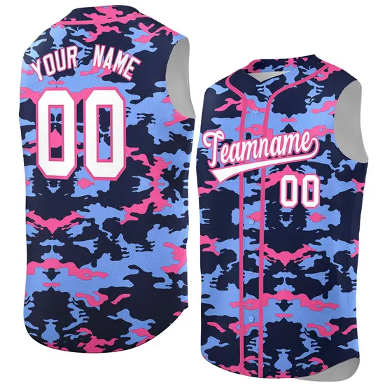 Navy Light Blue and Pink Camo Sleeveless Baseball Jersey